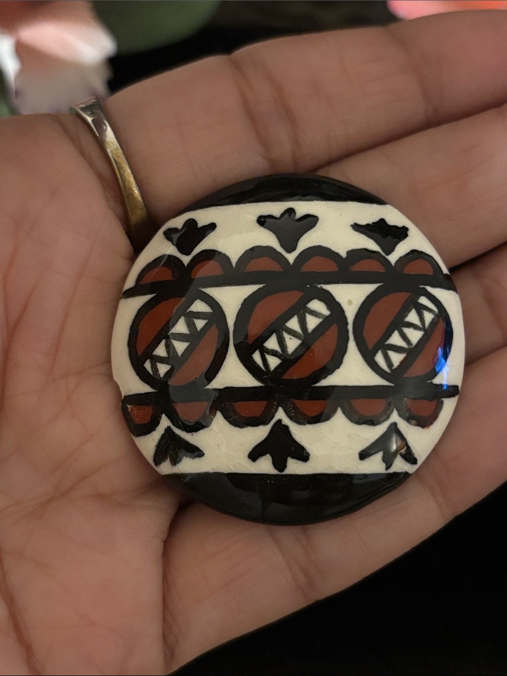 Hand-Painted Black, White & Brown Round Decorative Brooch
